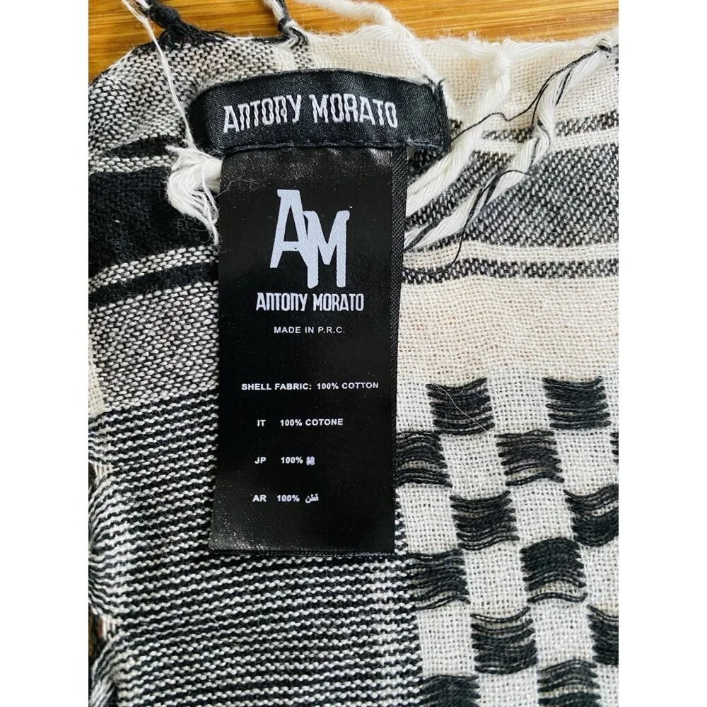 Anthony Morato Cotton Scarf Checkerboard Print Black & White Fringe Ends